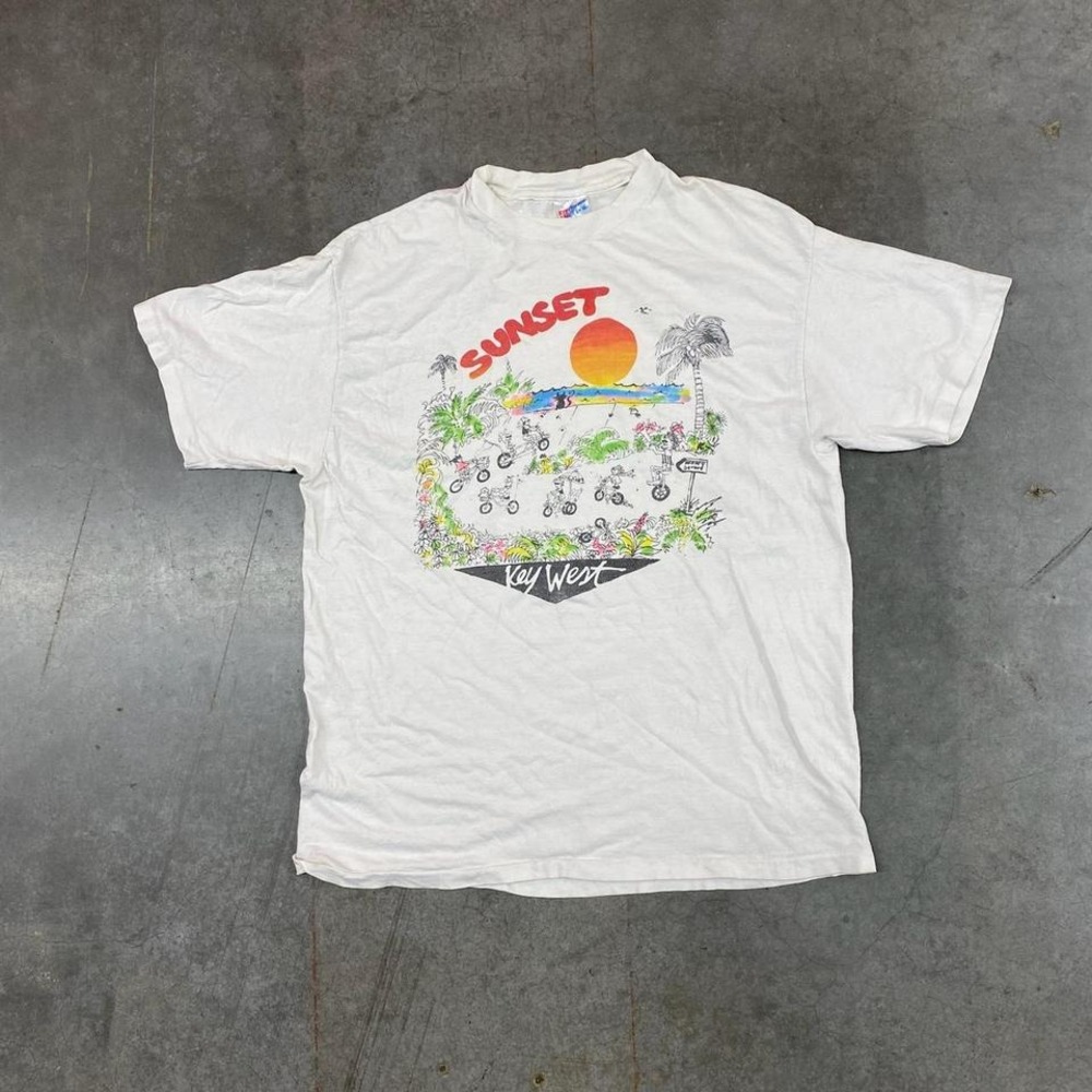 Vintage Hanes T-Shirt Mens Size L White‎ Key West Florida Sunset Graphic Tee